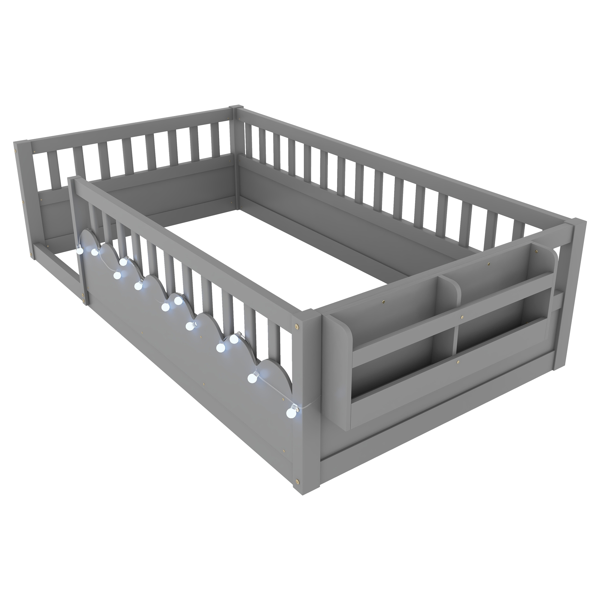 Twin Montessori Floor Bed with High Rails, Light And Storage Shelf