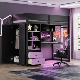 Twin Size Solid Wood Loft Bed with Desk, Storage Cabinet and Wardrobe