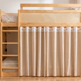 Twin Size Bunk Bed with 3-Tier Storage Shelf, Rattan Decor, Privacy Curtains & Lights