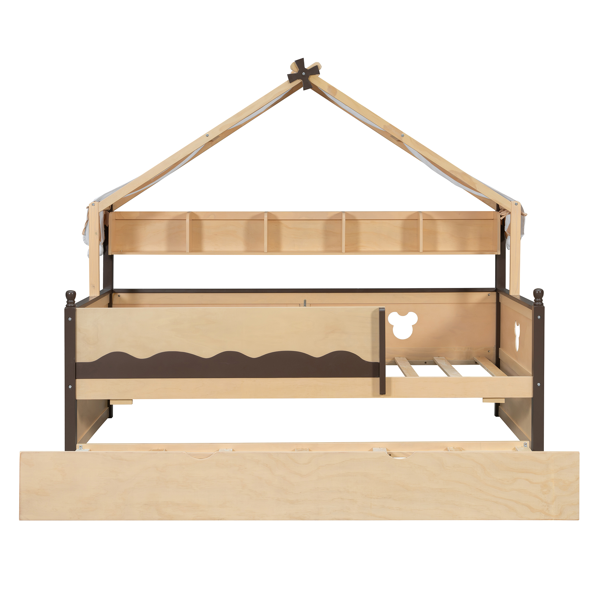 Twin Size House-Shaped Daybed with Built-In Bookshelf and Trundle