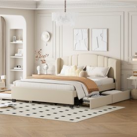 Queen Size Upholstered Platform Bed With Wingback Headboard, One Twin Trundle And 2 Drawers