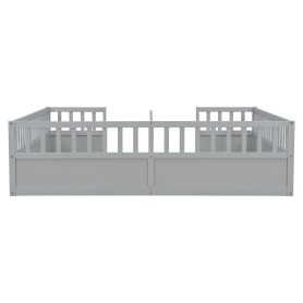 Double Pine Wood Twin Floor Bed with Semi-Enclosed Safety Guardrails, Open Entrance