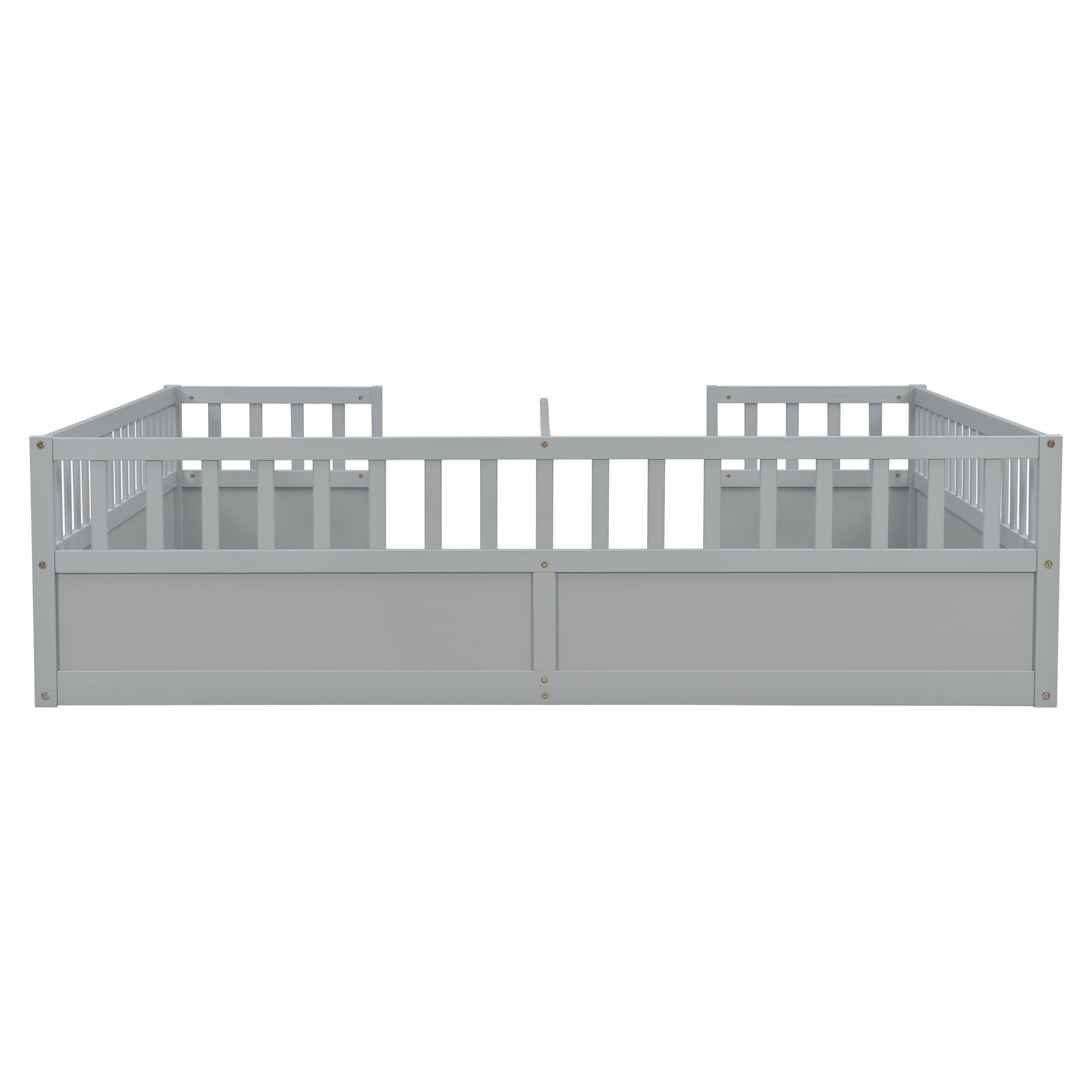 Double Pine Wood Twin Floor Bed with Semi-Enclosed Safety Guardrails, Open Entrance