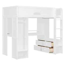 Twin Size Solid Wood Loft Bed With L-Shaped Desk, Storage Cabinet and Wardrobe