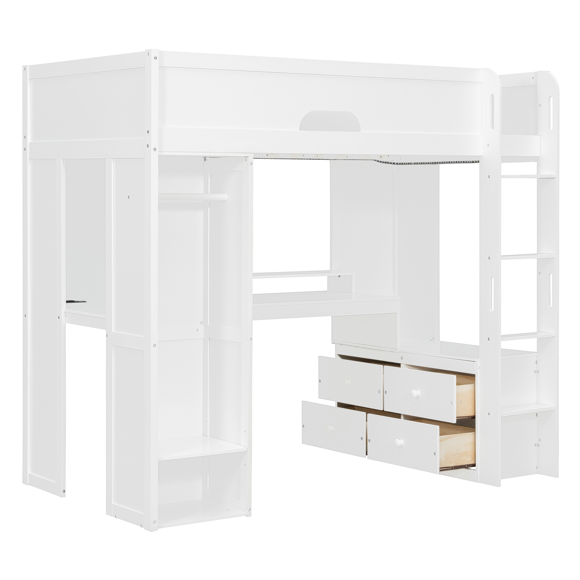 Twin Size Solid Wood Loft Bed With L-Shaped Desk, Storage Cabinet and Wardrobe