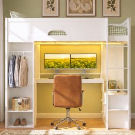 Twin Size Solid Wood Loft Bed With L-Shaped Desk, Storage Cabinet and Wardrobe