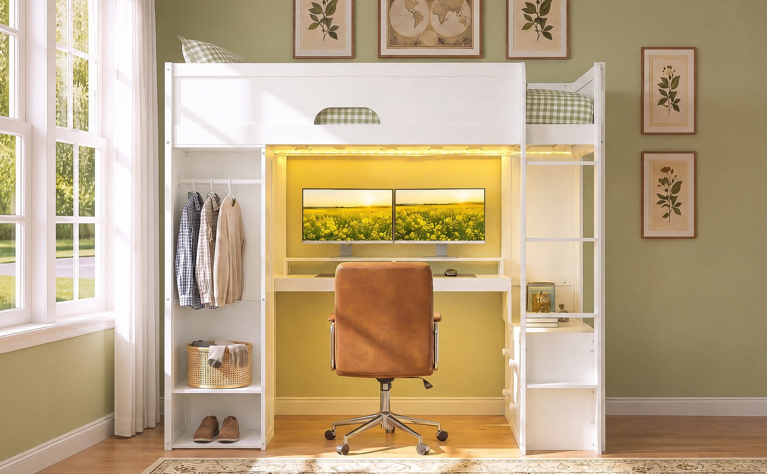 Twin Size Solid Wood Loft Bed With L-Shaped Desk, Storage Cabinet and Wardrobe