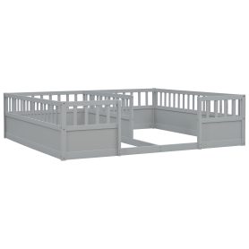 Double Pine Wood Twin Floor Bed with Semi-Enclosed Safety Guardrails, Open Entrance