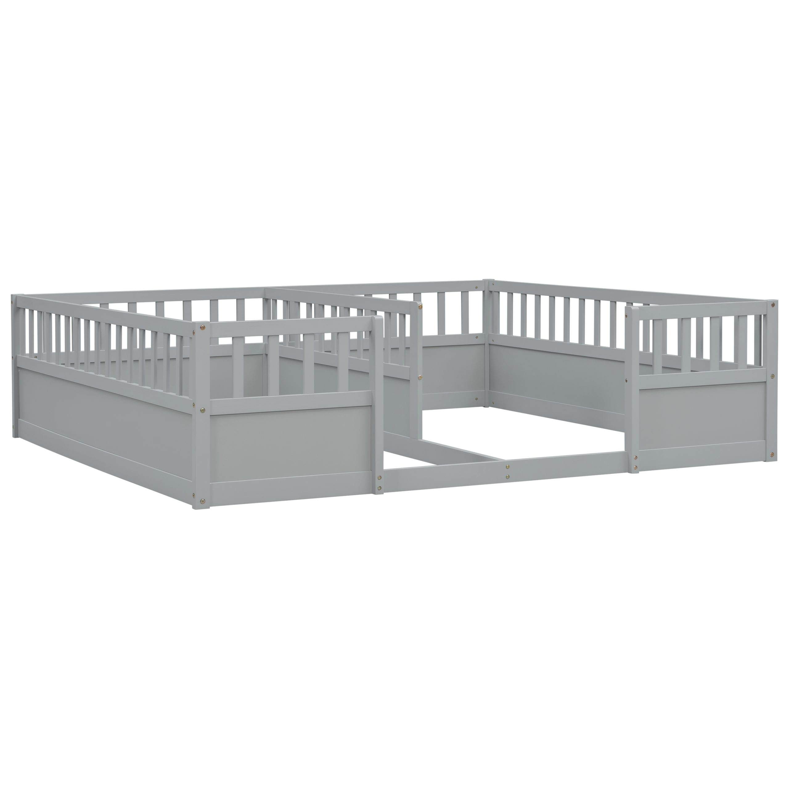 Double Pine Wood Twin Floor Bed with Semi-Enclosed Safety Guardrails, Open Entrance
