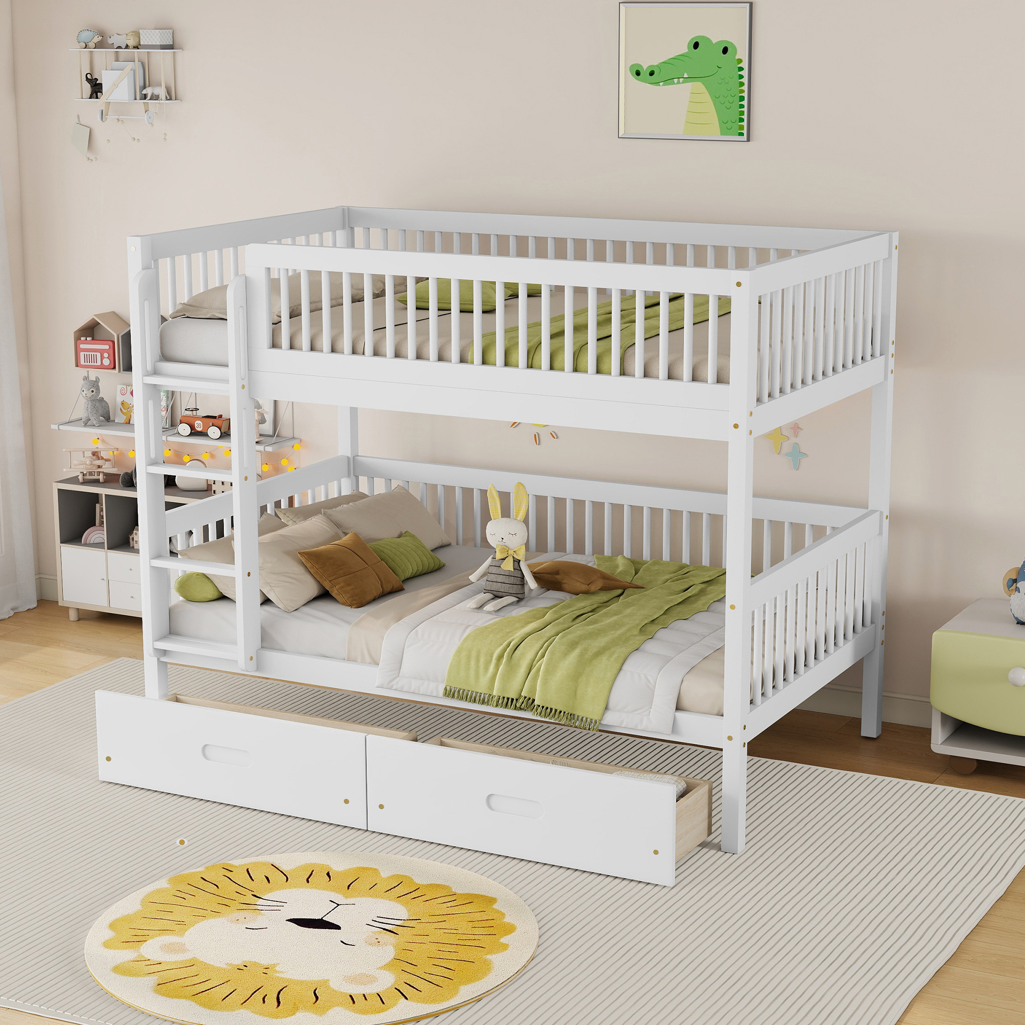 Twin Over Twin Pine Wood Bunk Bed With 2 Drawers, Convertible into 2 Twin Beds