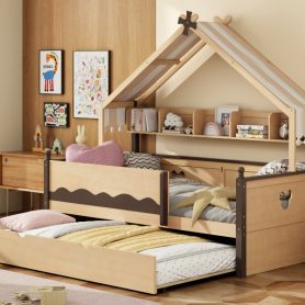 Twin Size House-Shaped Daybed with Built-In Bookshelf and Trundle