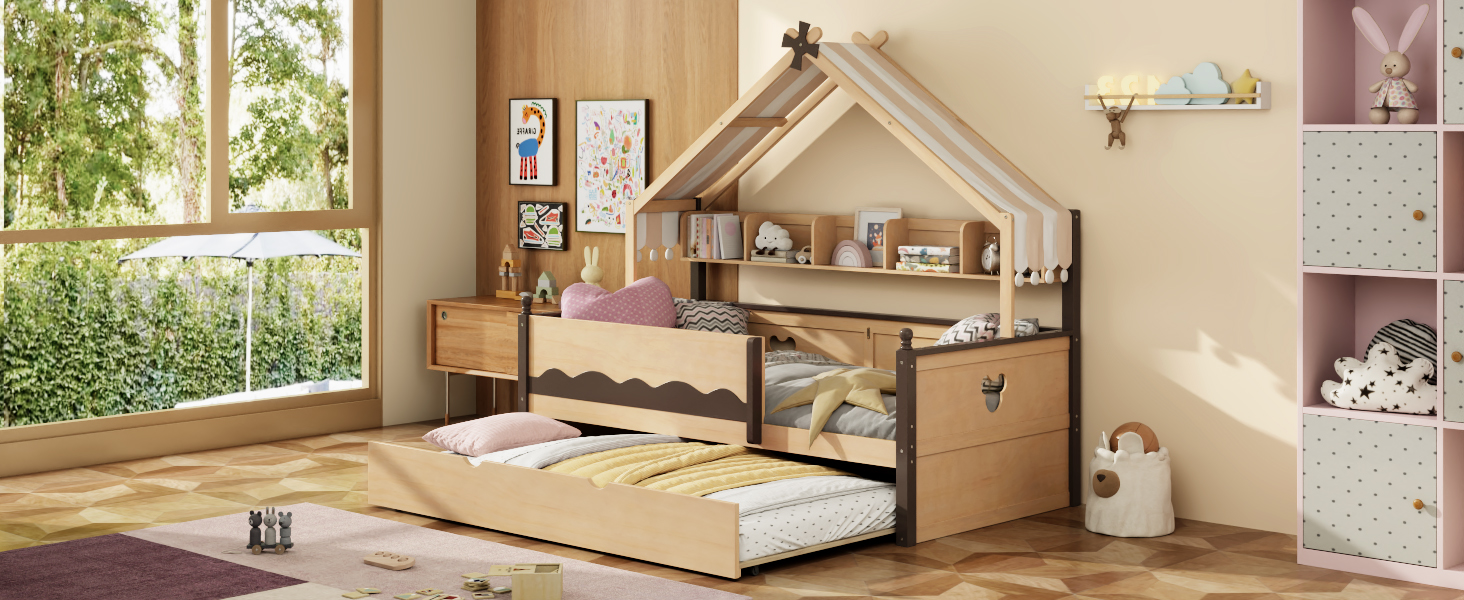 Twin Size House-Shaped Daybed with Built-In Bookshelf and Trundle