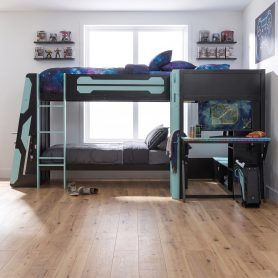 L-Shaped Wooden Twin Size Gaming Bed Frame with RGB LED Lights, USB Ports, TV Stand & Storage Shelves