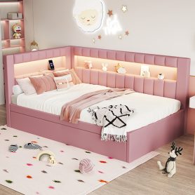 Upholstered Twin Size Platform Bed with Trundle, USB Ports and LED Belt