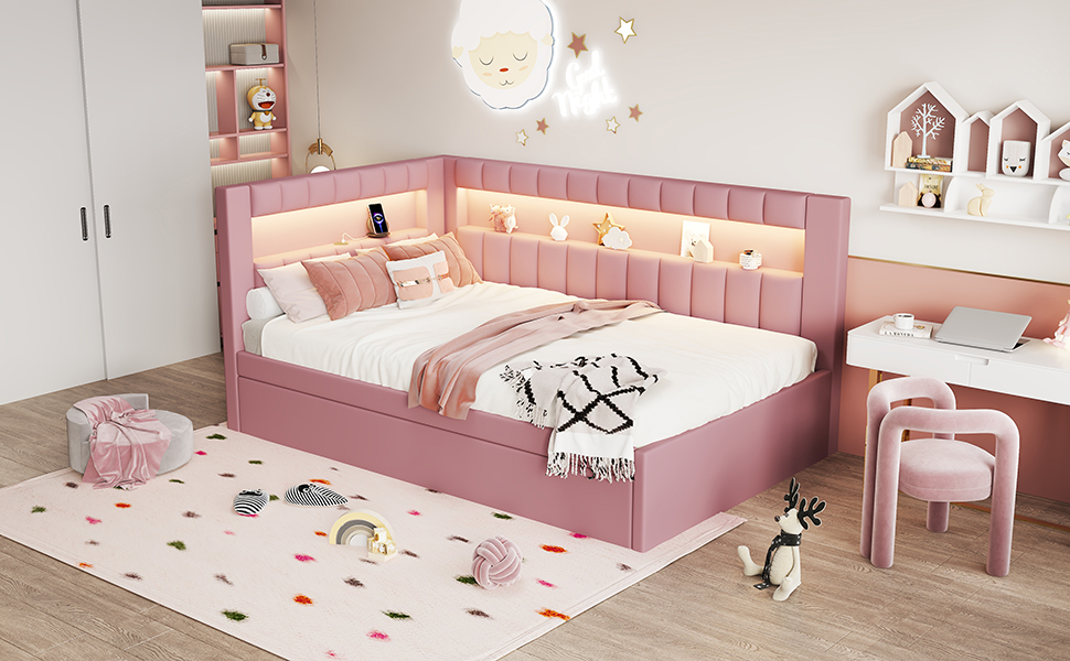 Upholstered Twin Size Platform Bed with Trundle, USB Ports and LED Belt