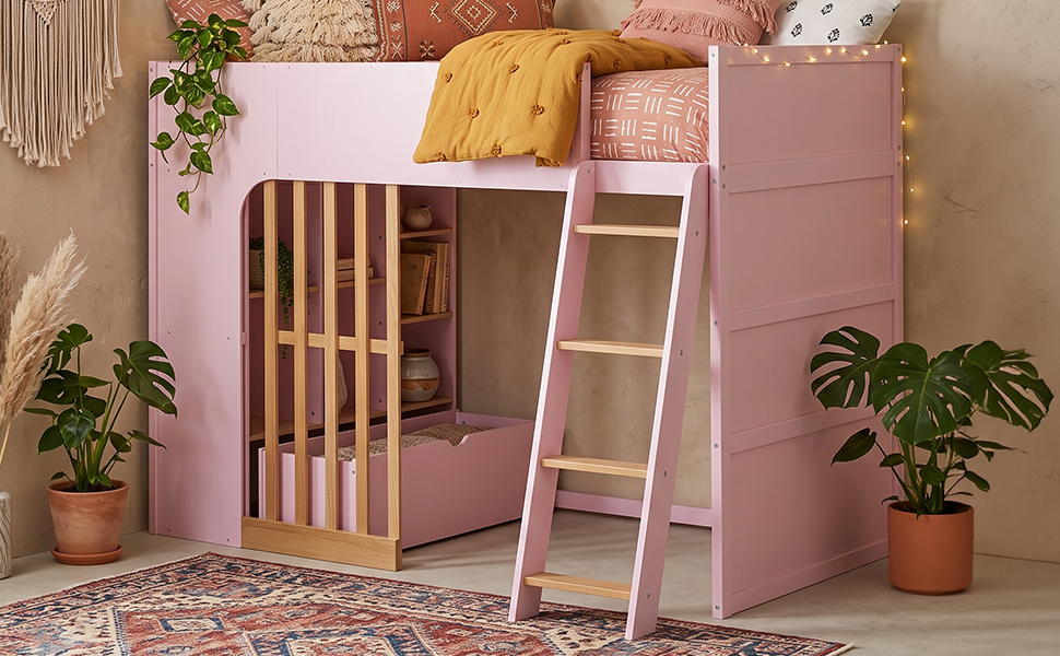 Twin Size Wooden High Sleeper Loft Bed with Ladder and Storage Shelves