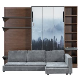 Twin Murphy Bed with Storage Cabinet, Open Shelving & USB Port, Large Sofa Front