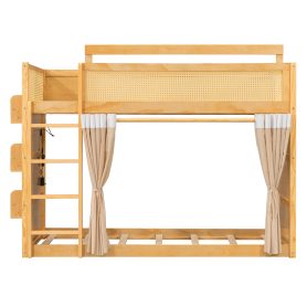 Twin Size Bunk Bed with 3-Tier Storage Shelf, Rattan Decor, Privacy Curtains & Lights