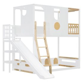 Twin Size Kids Loft Bed With Slide, Storage Shelves And Guardrails
