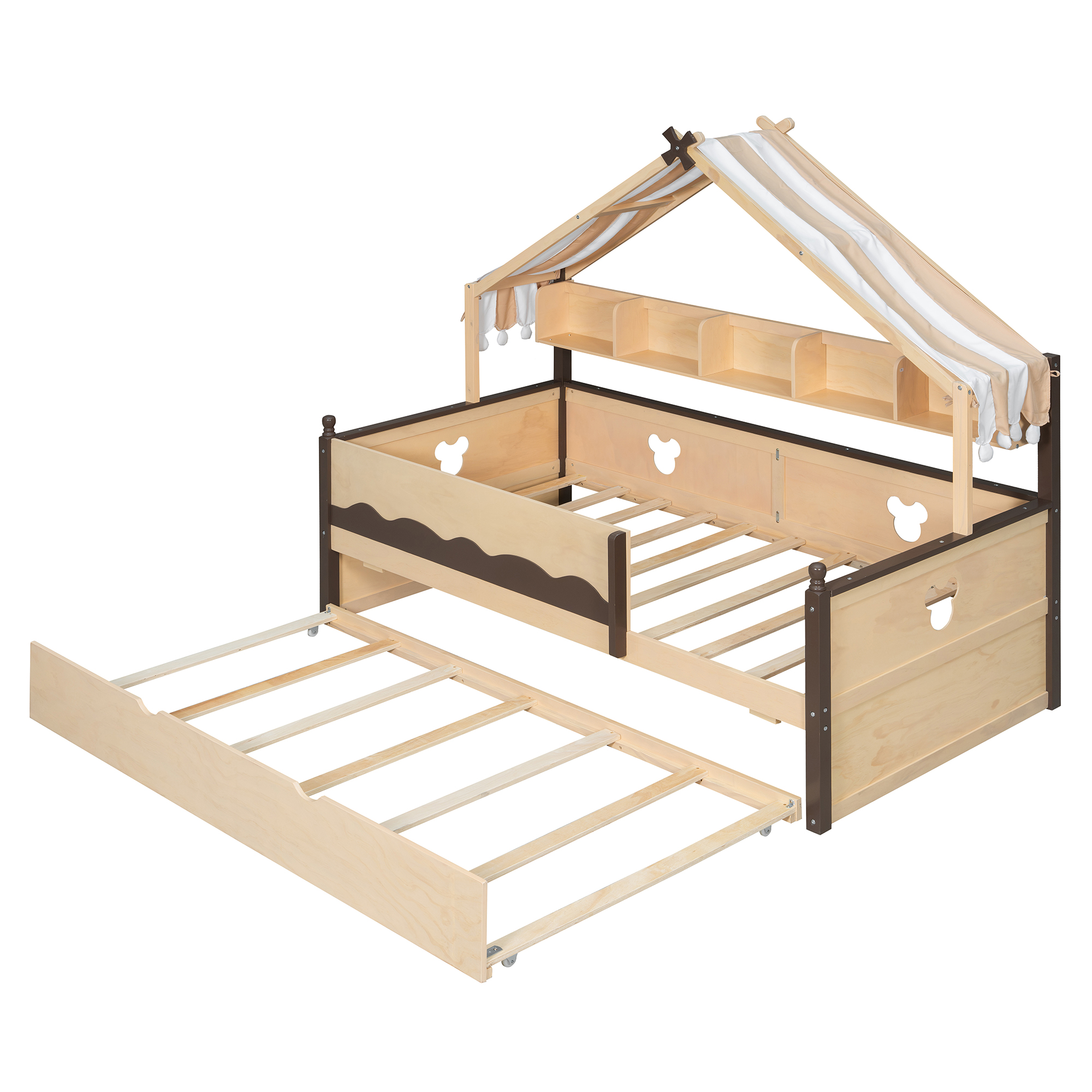 Twin Size House-Shaped Daybed with Built-In Bookshelf and Trundle