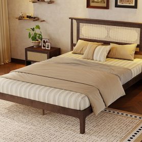 Queen Size Solid Wooden Bed with Rattan Headboard