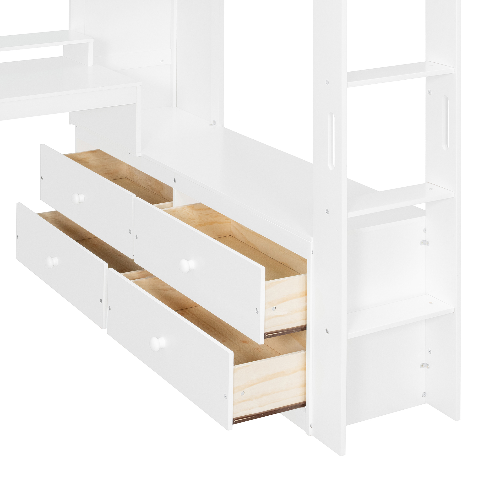 Full Size Solid Wood Loft Bed With L-Shaped Desk, Storage Cabinet and Wardrobe