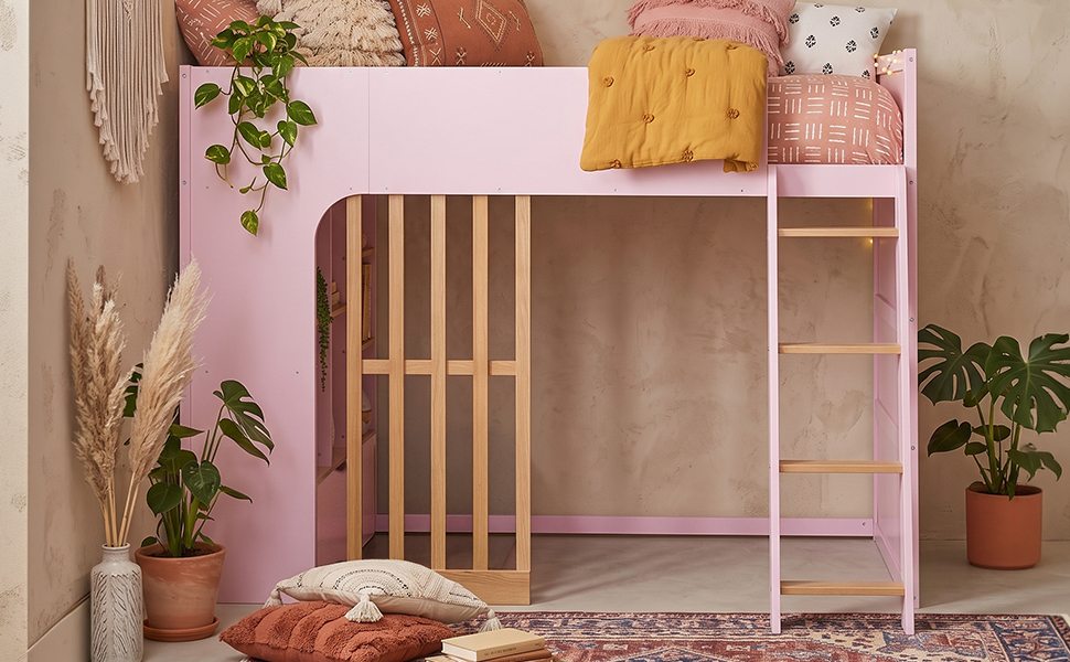 Twin Size Wooden High Sleeper Loft Bed with Ladder and Storage Shelves
