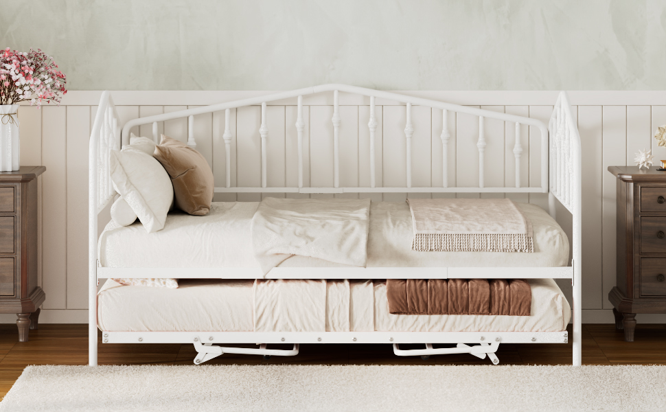Twin Size Stylish Metal Daybed with Twin Size Adjustable Trundle