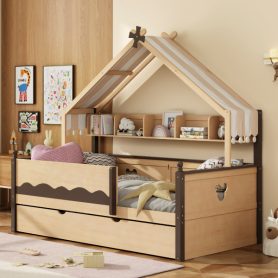 Twin Size House-Shaped Daybed with Built-In Bookshelf and Trundle