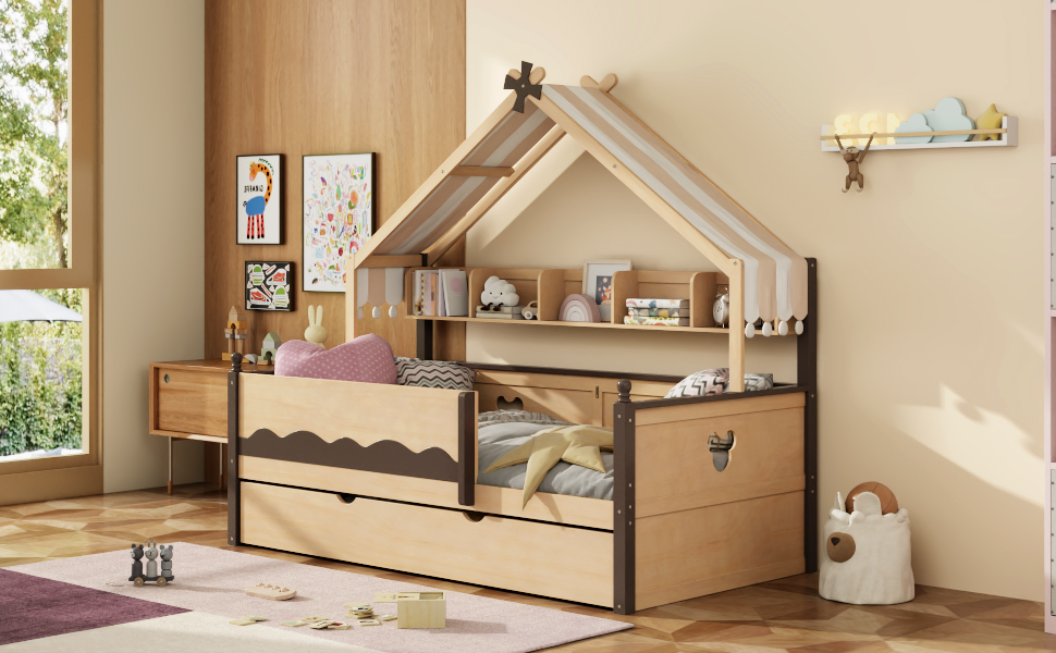 Twin Size House-Shaped Daybed with Built-In Bookshelf and Trundle