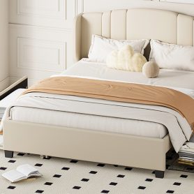 Queen Size Upholstered Platform Bed With Wingback Headboard, One Twin Trundle And 2 Drawers
