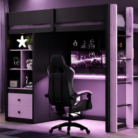 Twin Size Solid Wood Loft Bed with Desk, Storage Cabinet and Wardrobe