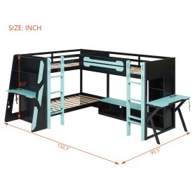 L-Shaped Wooden Twin Size Gaming Bed Frame with RGB LED Lights, USB Ports, TV Stand & Storage Shelves