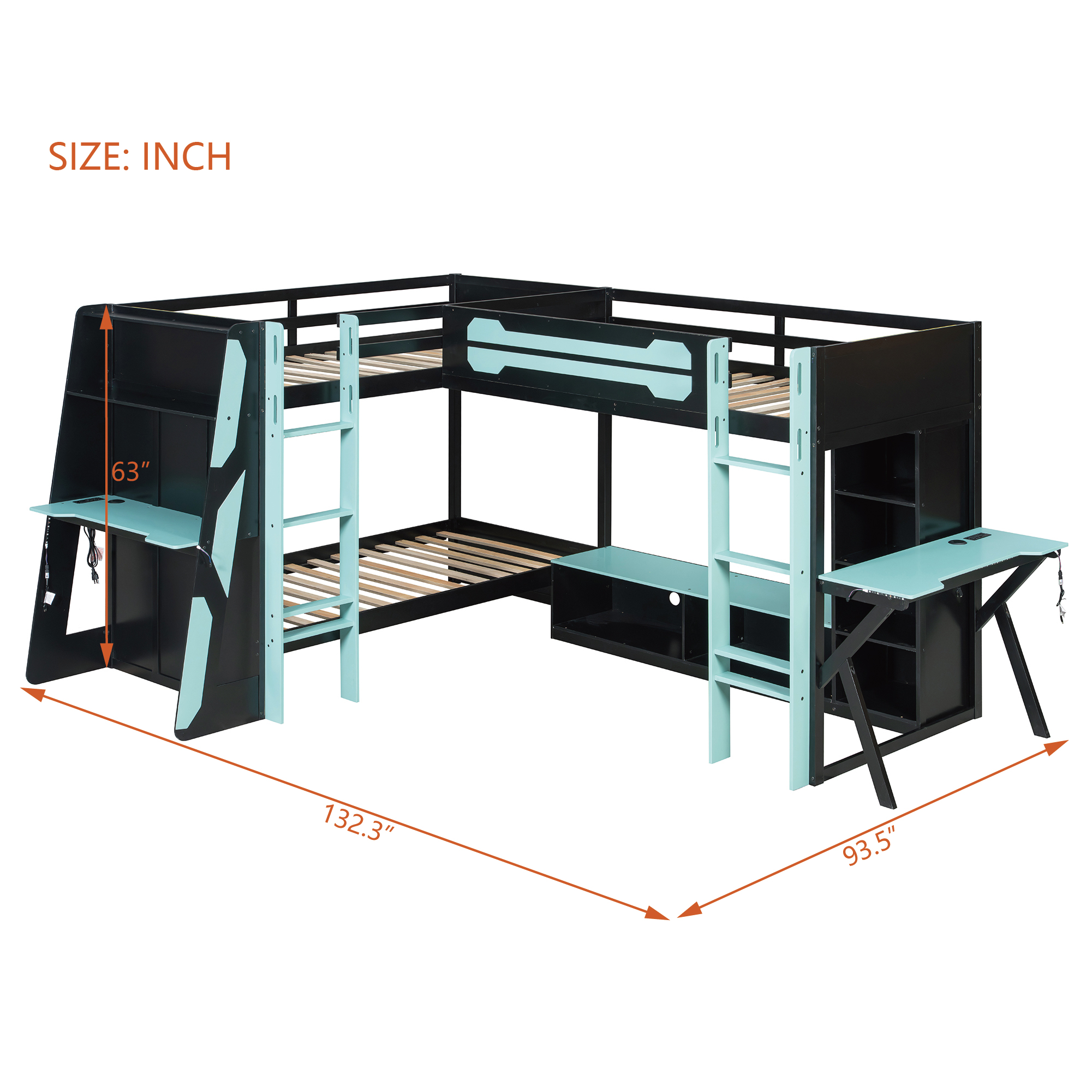L-Shaped Wooden Twin Size Gaming Bed Frame with RGB LED Lights, USB Ports, TV Stand & Storage Shelves