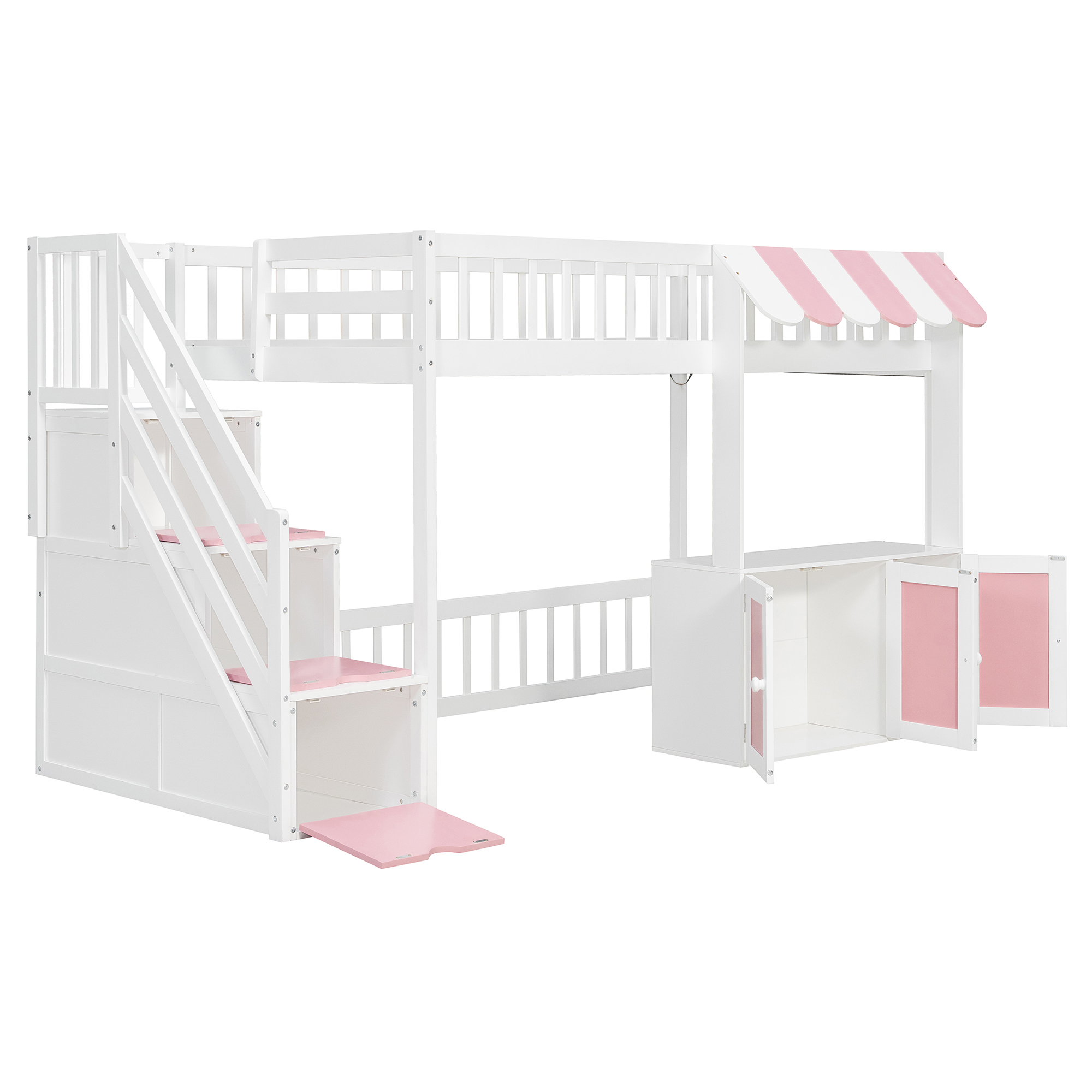 Twin Size Loft Bed with Storage Steps, LED Light, Under Bed Cabinets