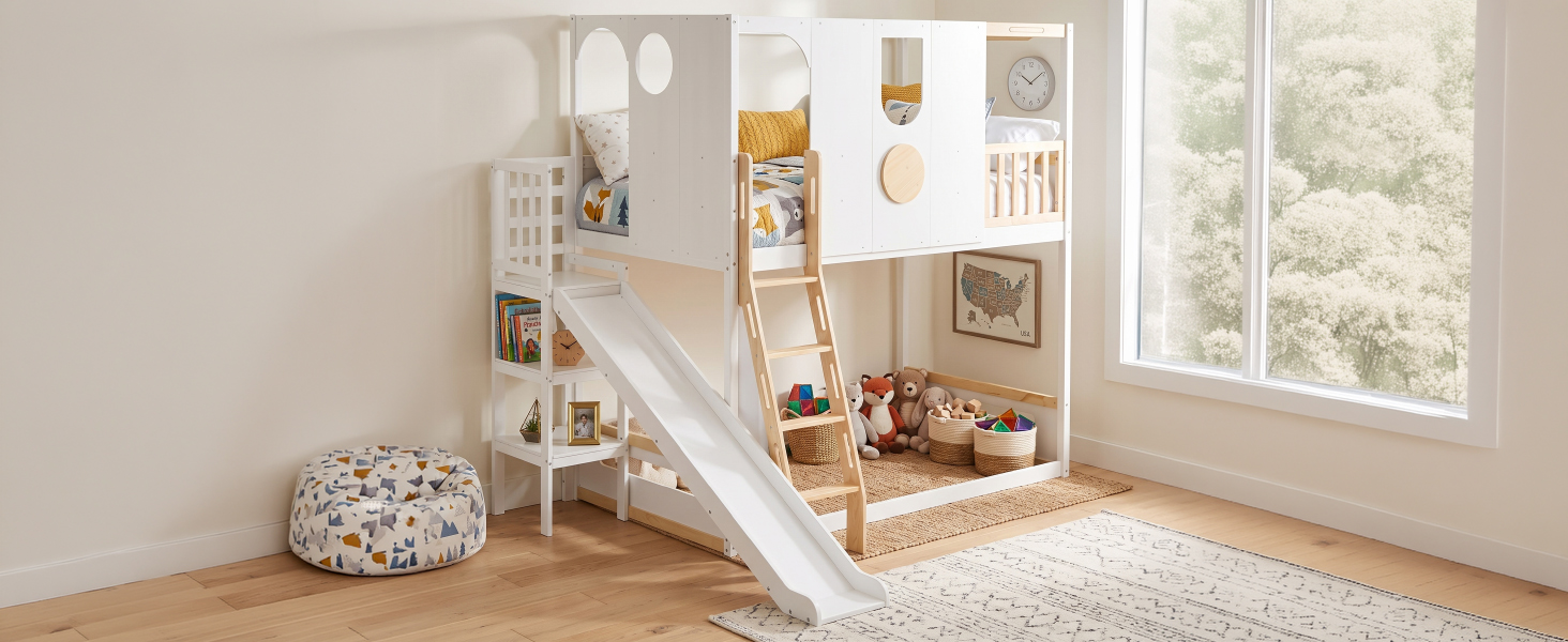 Twin Size Kids Loft Bed With Slide, Storage Shelves And Guardrails