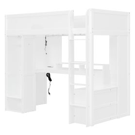Twin Size Solid Wood Loft Bed With L-Shaped Desk, Storage Cabinet and Wardrobe