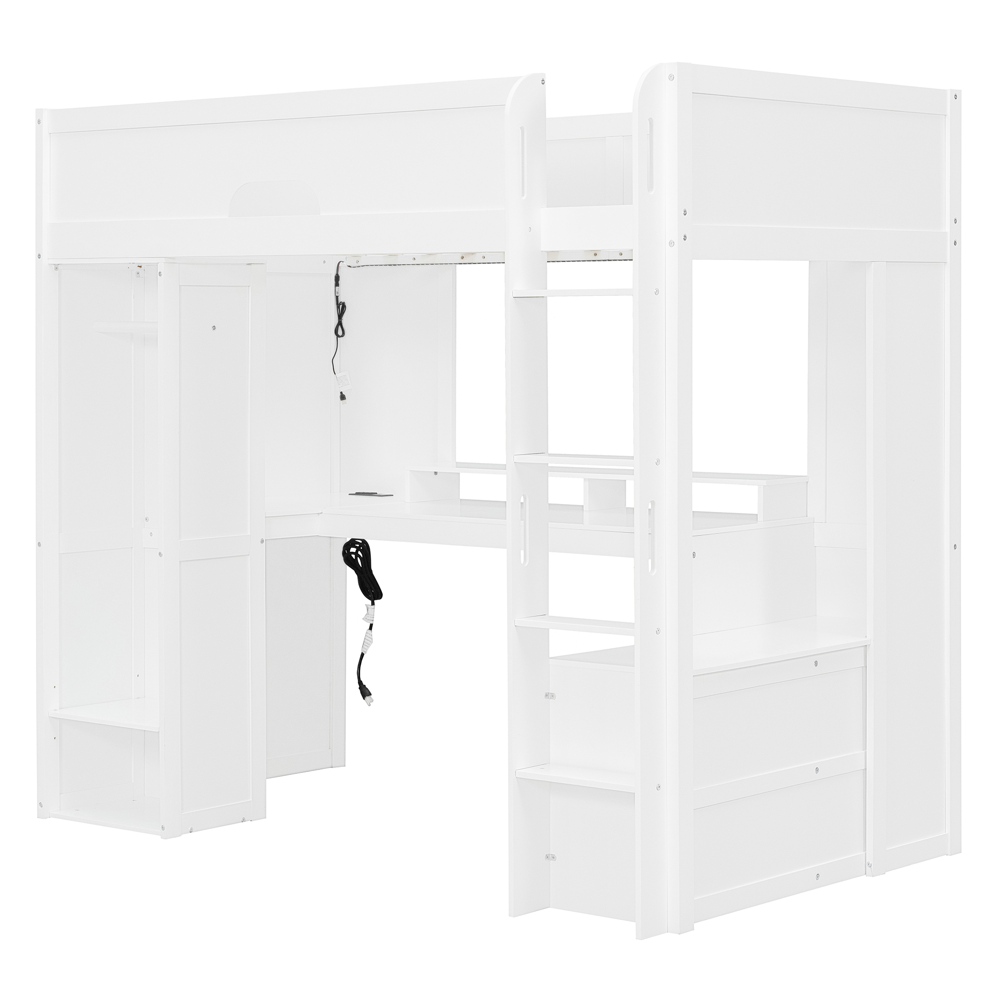 Twin Size Solid Wood Loft Bed With L-Shaped Desk, Storage Cabinet and Wardrobe