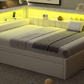 Upholstered Full Size Platform Bed with Trundle, USB Ports and LED Belt