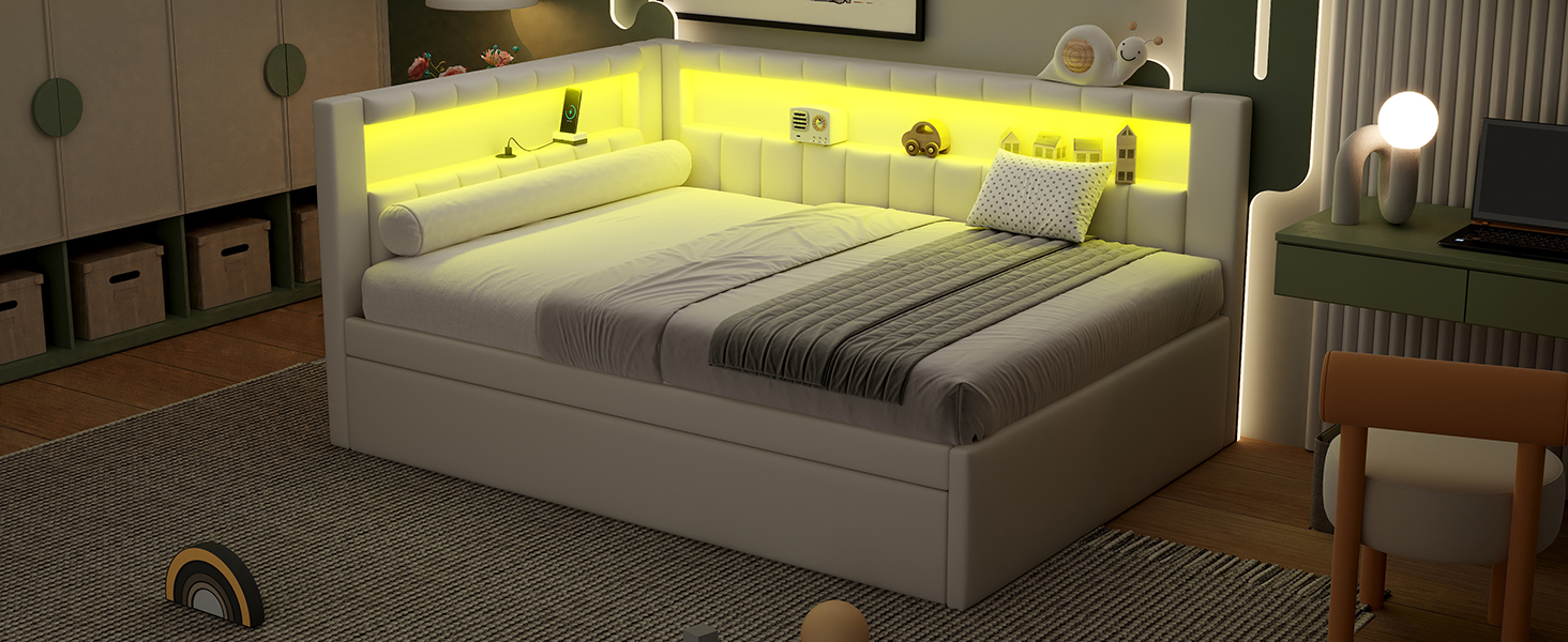 Upholstered Full Size Platform Bed with Trundle, USB Ports and LED Belt