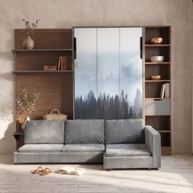 Twin Murphy Bed with Storage Cabinet, Open Shelving & USB Port, Large Sofa Front
