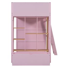 Twin Size Wooden High Sleeper Loft Bed with Ladder and Storage Shelves