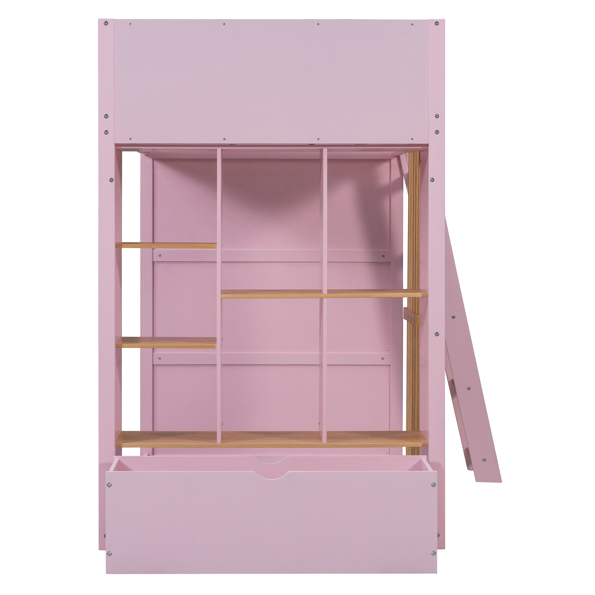 Twin Size Wooden High Sleeper Loft Bed with Ladder and Storage Shelves