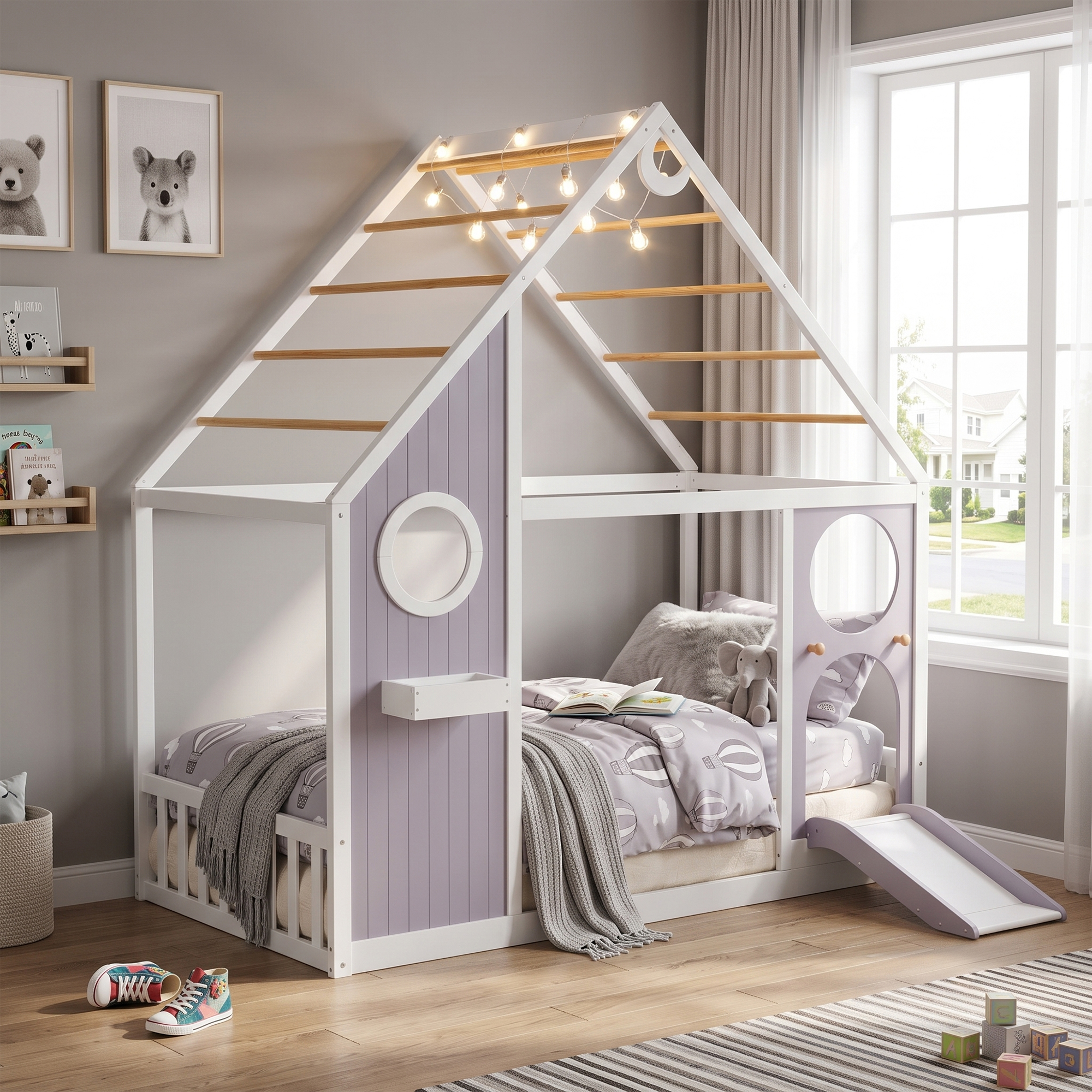 Wooden Playhouse Design Platform Bed with Front Panel and Slide