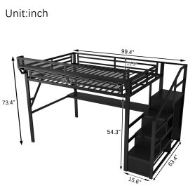 Metal Queen Size Loft Bed With Desk, Charging Station, Stairs And Light