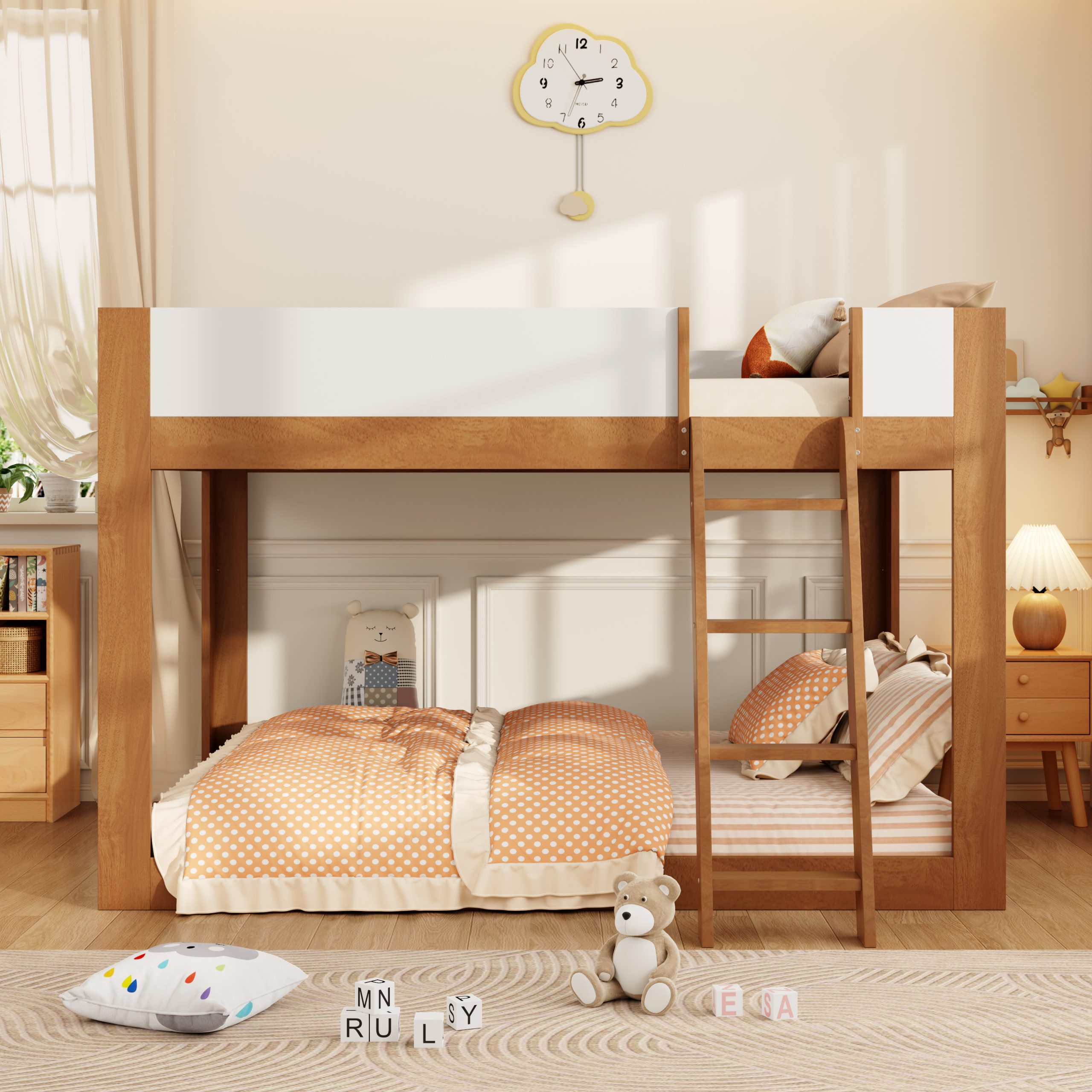 Queen Size Low Convertible Bunk Bed With Reversible Ladder And Safety Guardrails