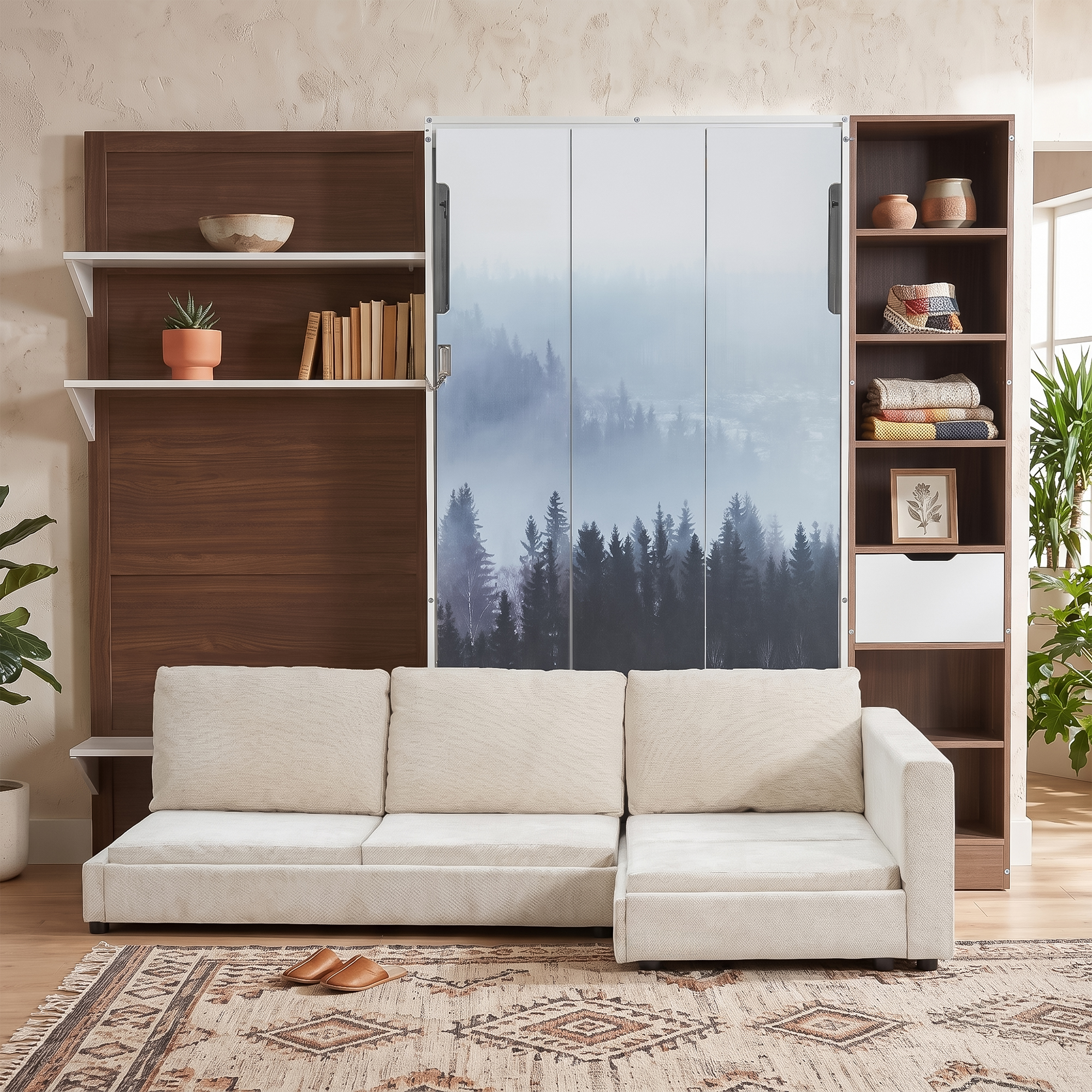 Twin Murphy Bed with Storage Cabinet, Open Shelving & USB Port, Large Sofa Front