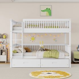 Twin Over Twin Pine Wood Bunk Bed With 2 Drawers, Convertible into 2 Twin Beds