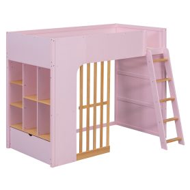 Twin Size Wooden High Sleeper Loft Bed with Ladder and Storage Shelves