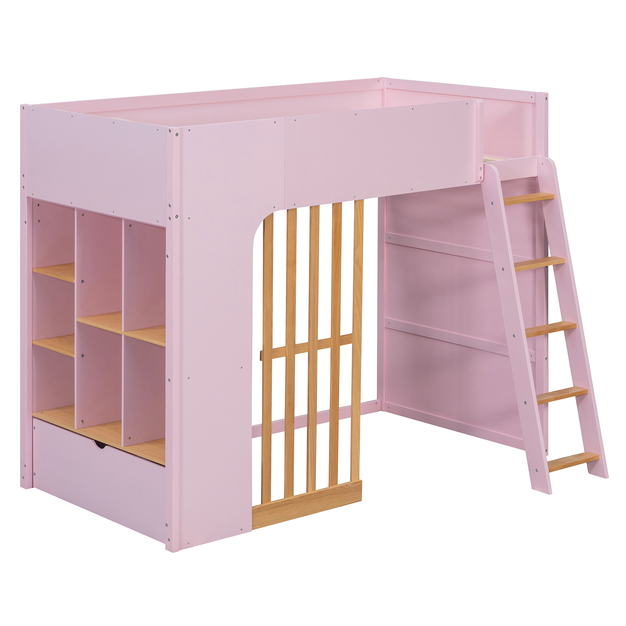 Twin Size Wooden High Sleeper Loft Bed with Ladder and Storage Shelves
